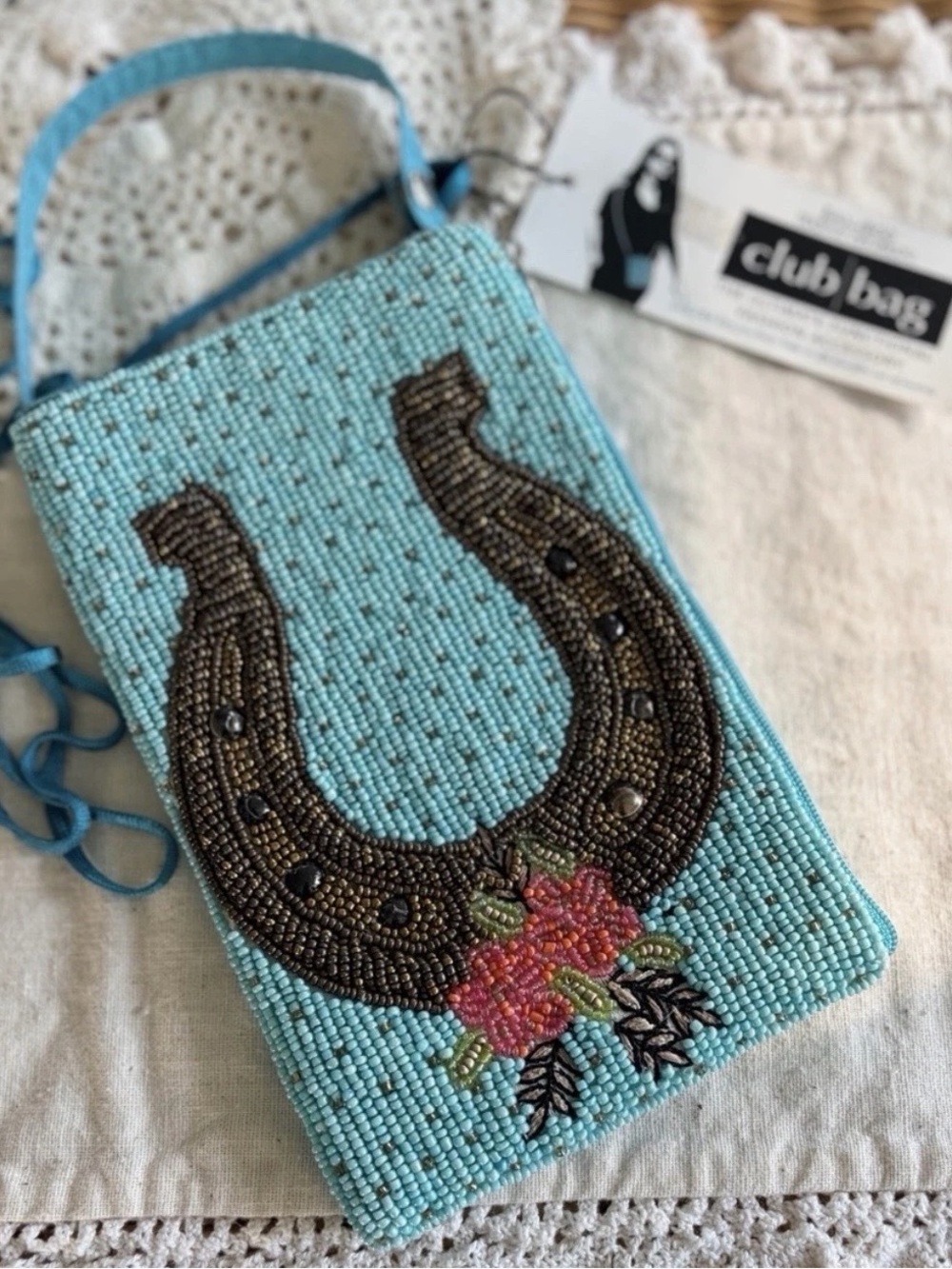 Bamboo Traders Beaded Club Bag Turquoise Horseshoe Motif Small Crossbody